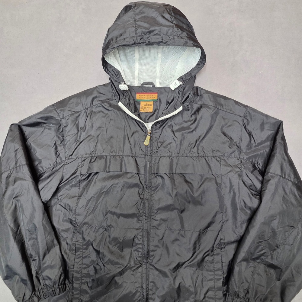 Northern Explorer Mens Large Black Hooded Windbreaker Mesh Lined Nylon Jacket